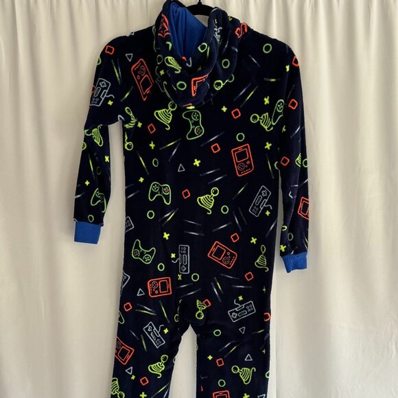 Kids Navy Blue Gaming Print One Piece fleece pajamas M 8/10 - 371 - Picture 5 of 6